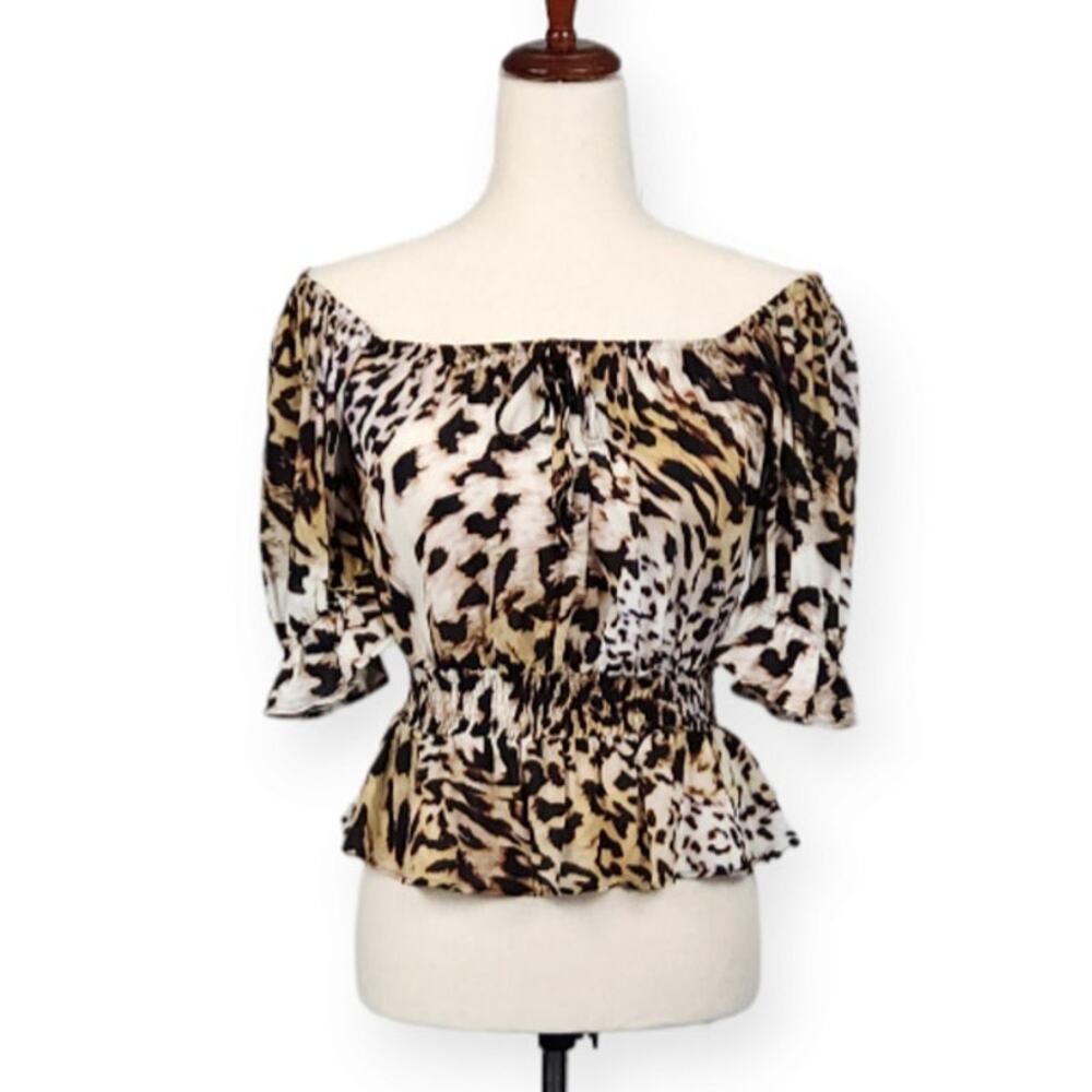 Banana Republic Top Smocked Waist Clip Dot Animal Print Women's Size XS New